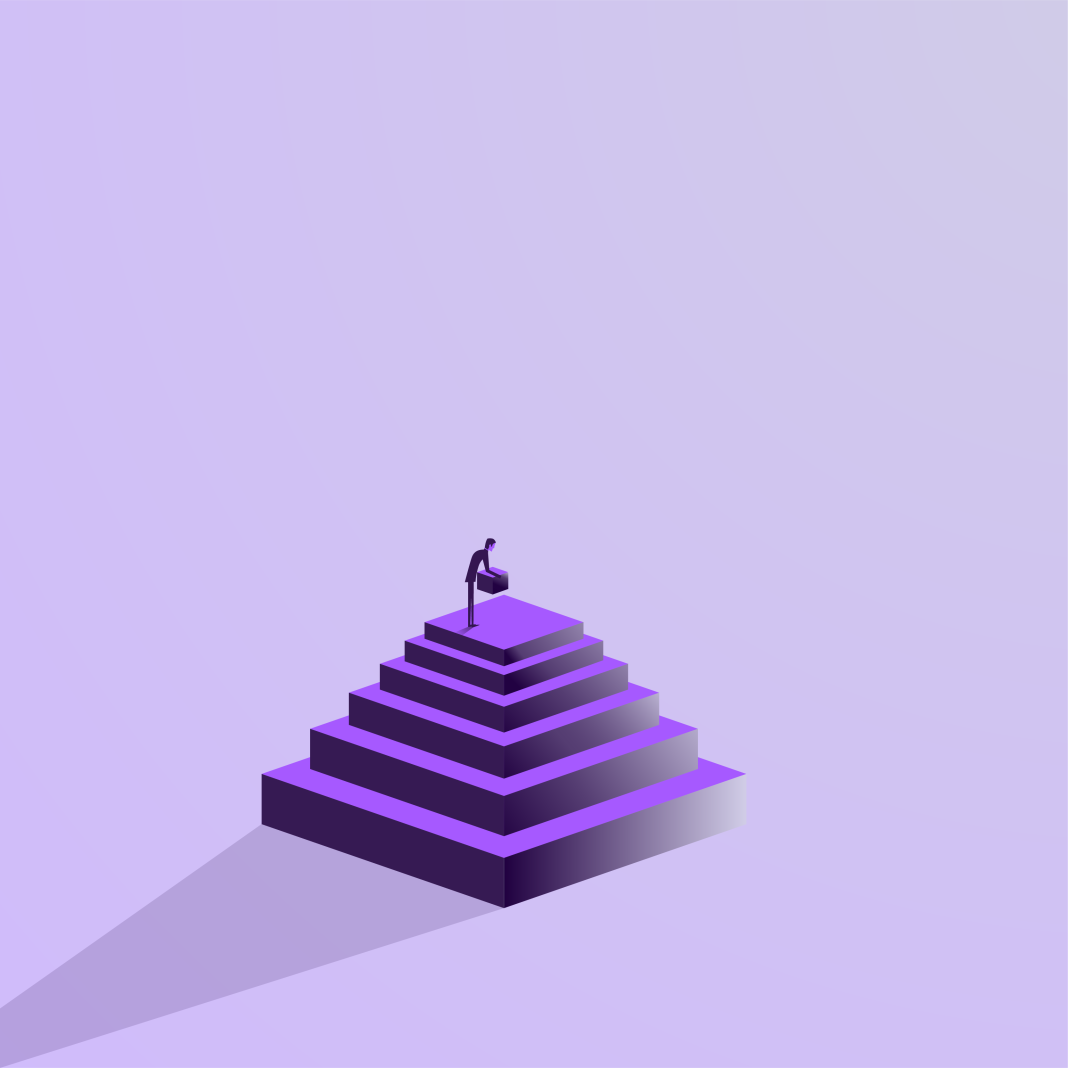 Person reaching the top of a stepped pyramid, representing achievement or progress.