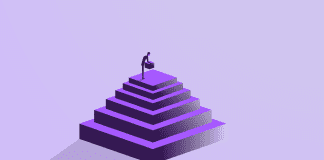 Person reaching the top of a stepped pyramid, representing achievement or progress.
