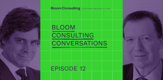 Promotional graphic for "Bloom Consulting Conversations" podcast featuring portraits of Jose Filipe Torres and Dr. Keith Dinnie from Bloom Consulting, with a green grid background and bold text highlighting the podcast title.