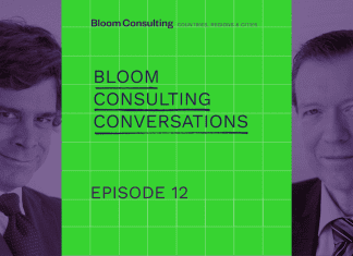 Answering your Questions about Nation Branding Promotional graphic for "Bloom Consulting Conversations" podcast featuring portraits of Jose Filipe Torres and Dr. Keith Dinnie from Bloom Consulting, with a green grid background and bold text highlighting the podcast title.
