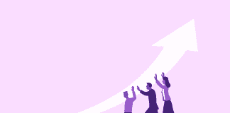 Illustration of three people working together to push and support a large upward arrow, symbolizing teamwork, growth, and progress. The image uses shades of purple and pink.
