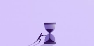 Bloom Consulting illustration of a person pushing an hourglass, symbolizing why timing matters in Strategic Branding vs. Tactical Marketing for countries.