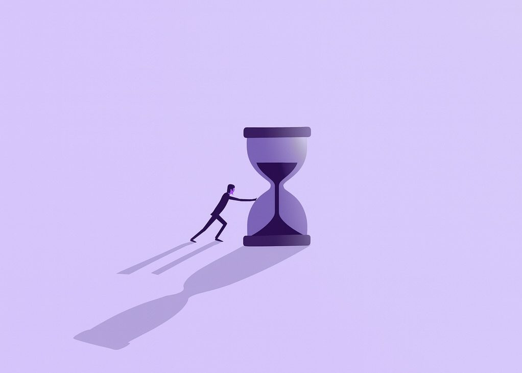 Timing matters in Nation Branding Bloom Consulting illustration of a person pushing an hourglass, symbolizing why timing matters in Strategic Branding vs. Tactical Marketing for countries.