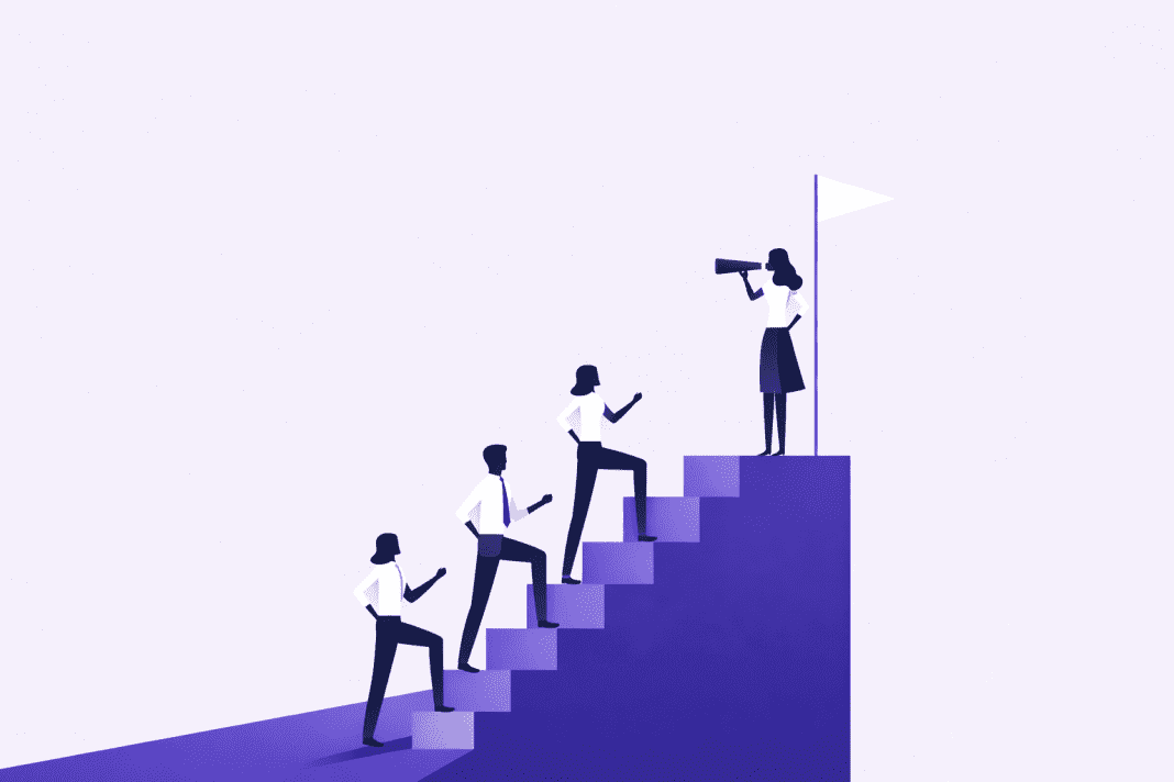 Illustration of professionals climbing structured steps toward a flag, symbolizing strategic governance, stakeholder alignment, and long-term place branding policy development.