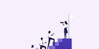 Illustration of professionals climbing structured steps toward a flag, symbolizing strategic governance, stakeholder alignment, and long-term place branding policy development.